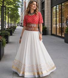 Rani&White Cotton Readymade Navratri Lehenga Choli with Bandhej & Embroidery Work