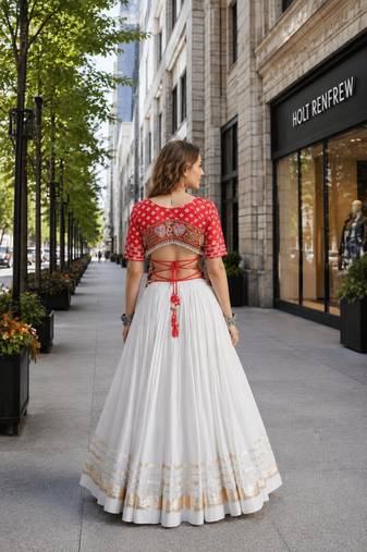 Rani&White Cotton Readymade Navratri Lehenga Choli with Bandhej & Embroidery Work