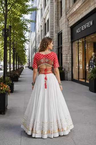 Rani&White Cotton Readymade Navratri Lehenga Choli with Bandhej & Embroidery Work