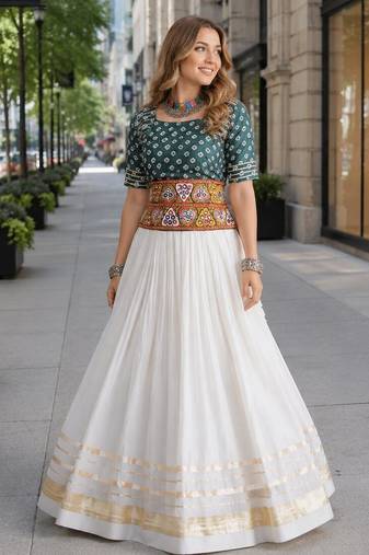 D Green&White Cotton Readymade Navratri Lehenga Choli with Bandhej & Embroidery Work