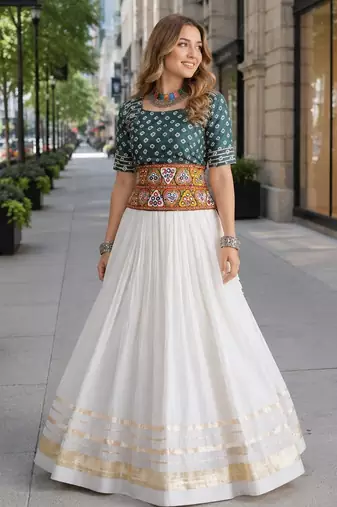 D Green&White Cotton Readymade Navratri Lehenga Choli with Bandhej & Embroidery Work