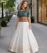 D Green&White Cotton Readymade Navratri Lehenga Choli with Bandhej & Embroidery Work