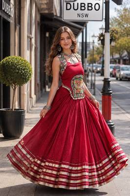 Red Rayon Readymade Navratri Lehenga Choli with Mirror Gamthi Work 1