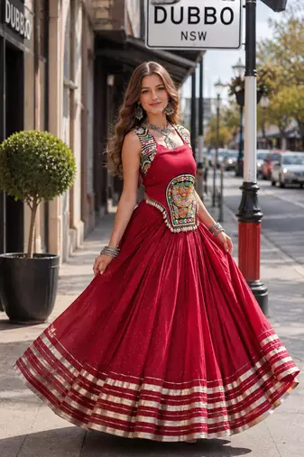 Red Rayon Readymade Navratri Lehenga Choli with Mirror Gamthi Work