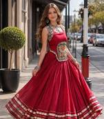 Red Rayon Readymade Navratri Lehenga Choli with Mirror Gamthi Work
