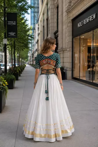 D Green&White Cotton Readymade Navratri Lehenga Choli with Bandhej & Embroidery Work