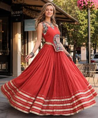 Orange Rayon Readymade Navratri Lehenga Choli with Mirror Gamthi Work 1