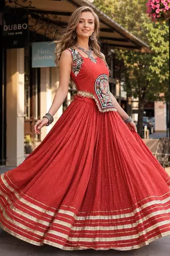 Orange Rayon Readymade Navratri Lehenga Choli with Mirror Gamthi Work
