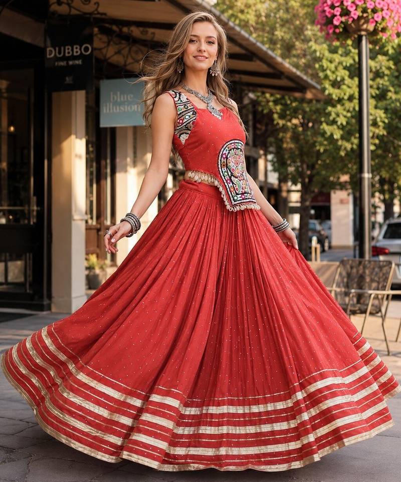 Orange Rayon Readymade Navratri Lehenga Choli with Mirror Gamthi Work