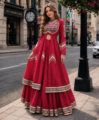 Red Cotton Readymade Navratri Lehenga Choli with Gamthi Thread & Mirror Work 1
