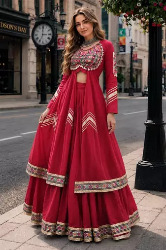 Red Cotton Readymade Navratri Lehenga Choli with Gamthi Thread & Mirror Work