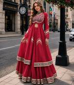 Red Cotton Readymade Navratri Lehenga Choli with Gamthi Thread & Mirror Work