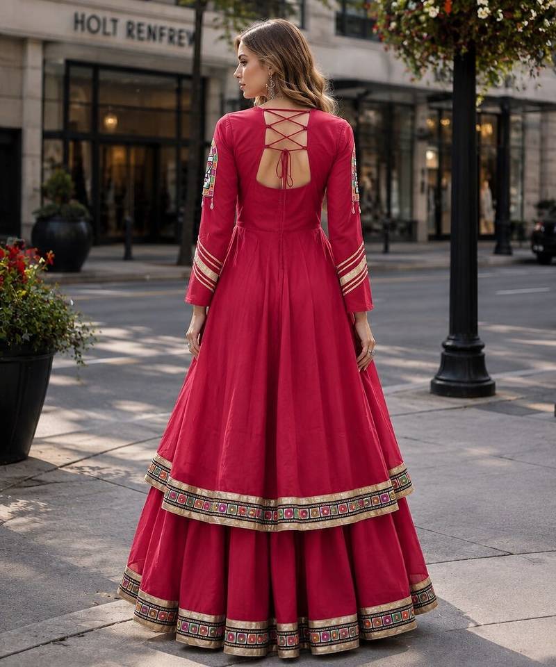 Red Cotton Readymade Navratri Lehenga Choli with Gamthi Thread & Mirror Work