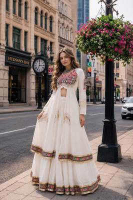 White Cotton Readymade Navratri Lehenga Choli with Zari & Mirror lace Work 1
