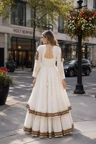White Cotton Readymade Navratri Lehenga Choli with Zari & Mirror lace Work