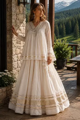 White Cotton Readymade Navratri Lehenga Choli with Zari & Mirror lace Work