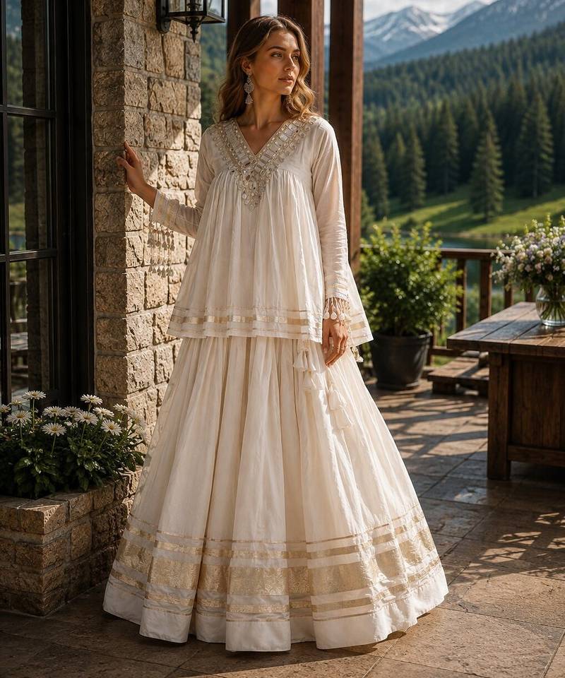 White Cotton Readymade Navratri Lehenga Choli with Zari & Mirror lace Work