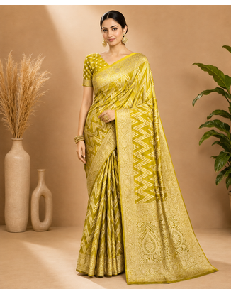 Lime Green Woven Golden Zari Chevron Pattern Design Fabric Pure Soft Chinon/Georgette Saree With Blouse Unstitched 1