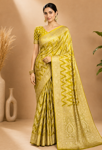 Lime Green Woven Golden Zari Chevron Pattern Design Fabric Pure Soft Chinon/Georgette Saree With Blouse Unstitched