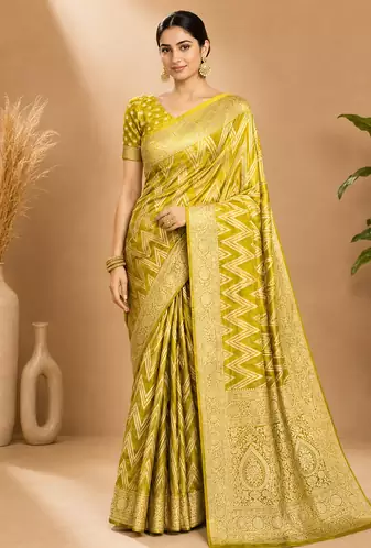 Lime Green Woven Golden Zari Chevron Pattern Design Fabric Pure Soft Chinon/Georgette Saree With Blouse Unstitched