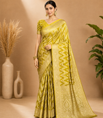 Lime Green Woven Golden Zari Chevron Pattern Design Fabric Pure Soft Chinon/Georgette Saree With Blouse Unstitched