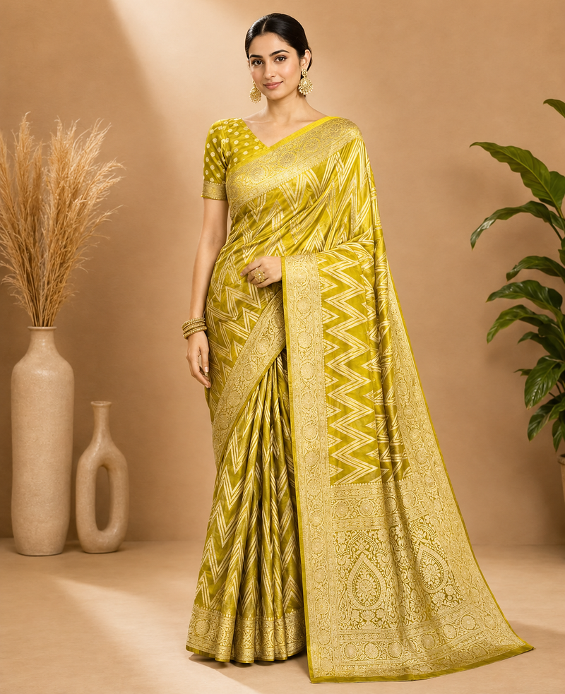 Lime Green Woven Golden Zari Chevron Pattern Design Fabric Pure Soft Chinon/Georgette Saree With Blouse Unstitched