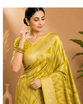 Lime Green Woven Golden Zari Chevron Pattern Design Fabric Pure Soft Chinon/Georgette Saree With Blouse Unstitched 2