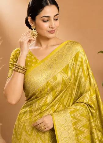 Lime Green Woven Golden Zari Chevron Pattern Design Fabric Pure Soft Chinon/Georgette Saree With Blouse Unstitched