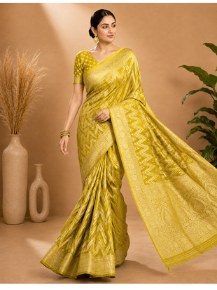 Lime Green Woven Golden Zari Chevron Pattern Design Fabric Pure Soft Chinon/Georgette Saree With Blouse Unstitched 3