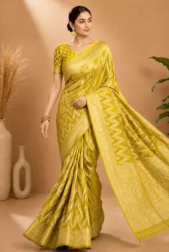 Lime Green Woven Golden Zari Chevron Pattern Design Fabric Pure Soft Chinon/Georgette Saree With Blouse Unstitched