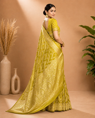 Lime Green Woven Golden Zari Chevron Pattern Design Fabric Pure Soft Chinon/Georgette Saree With Blouse Unstitched 4