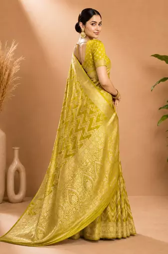 Lime Green Woven Golden Zari Chevron Pattern Design Fabric Pure Soft Chinon/Georgette Saree With Blouse Unstitched