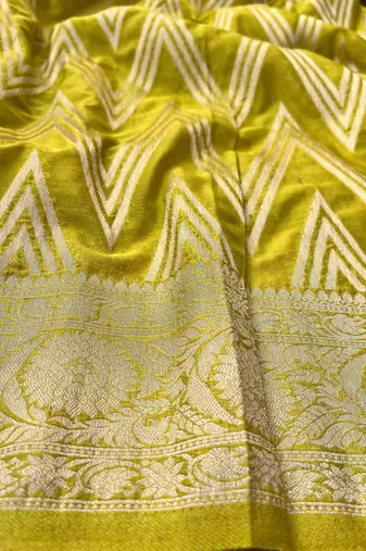 Lime Green Woven Golden Zari Chevron Pattern Design Fabric Pure Soft Chinon/Georgette Saree With Blouse Unstitched