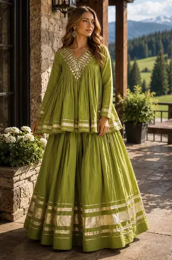 Green Cotton Readymade Navratri Lehenga Choli with Zari & Mirror lace Work