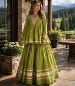 Green Cotton Readymade Navratri Lehenga Choli with Zari & Mirror lace Work