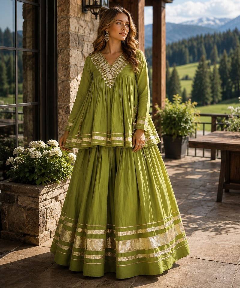 Green Cotton Readymade Navratri Lehenga Choli with Zari & Mirror lace Work