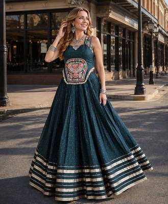 Green Rayon Readymade Navratri Lehenga Choli with Mirror Gamthi Work 2
