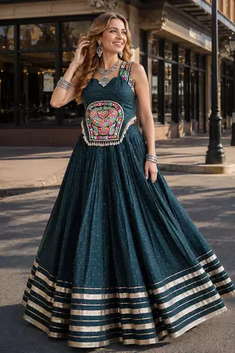 Green Rayon Readymade Navratri Lehenga Choli with Mirror Gamthi Work