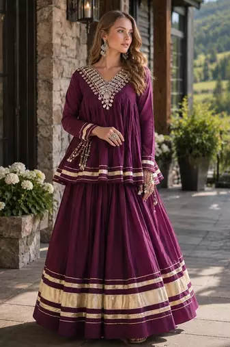 Purple Cotton Readymade Navratri Lehenga Choli with Zari & Mirror lace Work
