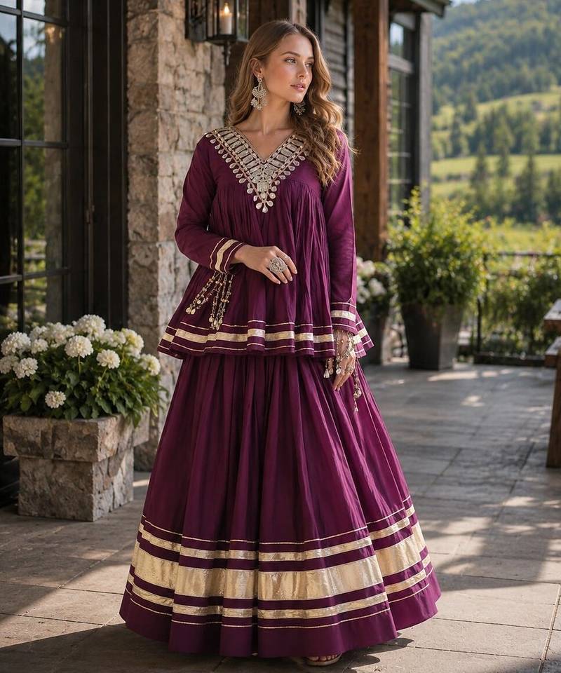 Purple Cotton Readymade Navratri Lehenga Choli with Zari & Mirror lace Work