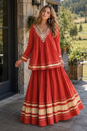 Rust Cotton Readymade Navratri Lehenga Choli with Zari & Mirror lace Work