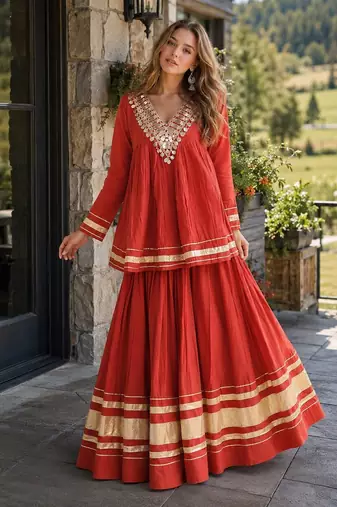 Rust Cotton Readymade Navratri Lehenga Choli with Zari & Mirror lace Work