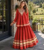 Rust Cotton Readymade Navratri Lehenga Choli with Zari & Mirror lace Work