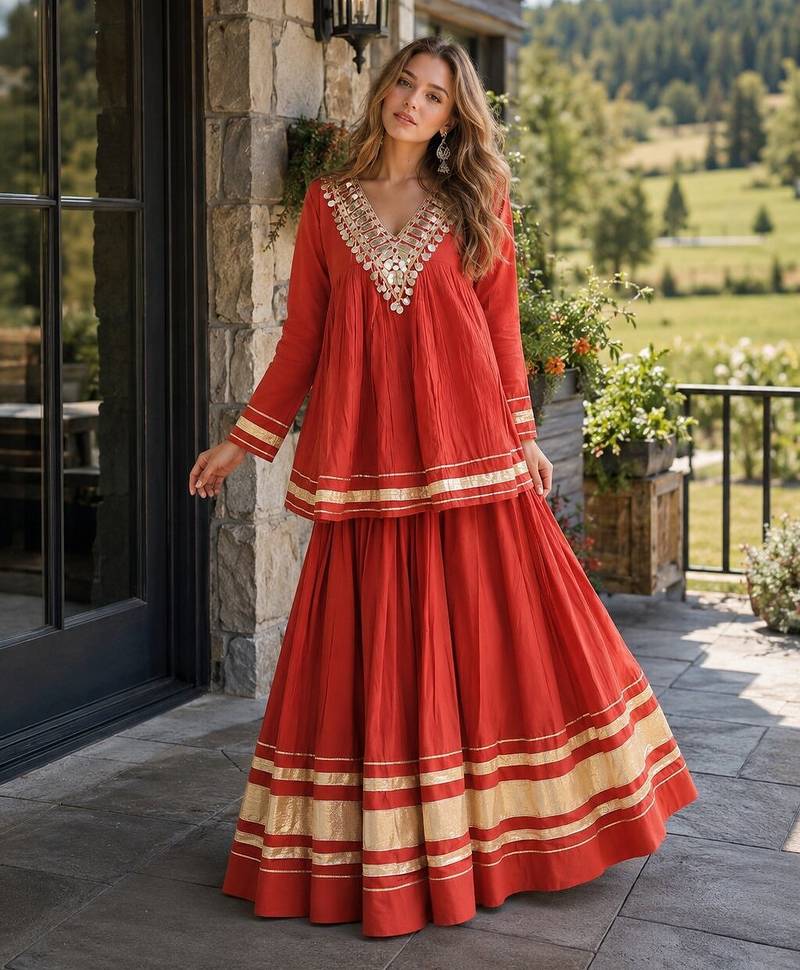 Rust Cotton Readymade Navratri Lehenga Choli with Zari & Mirror lace Work