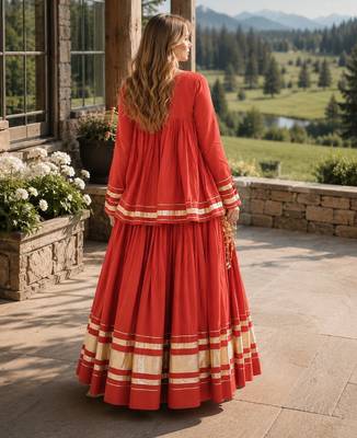 Rust Cotton Readymade Navratri Lehenga Choli with Zari & Mirror lace Work 2