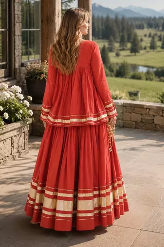 Rust Cotton Readymade Navratri Lehenga Choli with Zari & Mirror lace Work