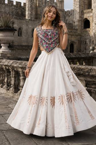 White Silk Blend Readymade Navratri Lehenga Choli with Kutchi Gamthi Work