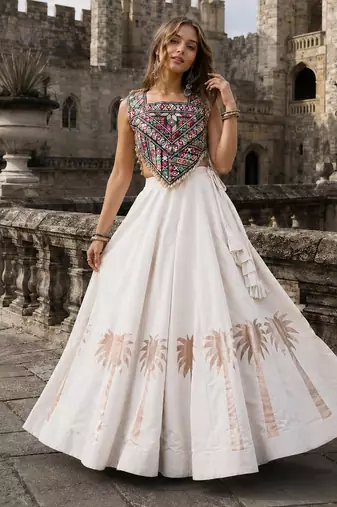 White Silk Blend Readymade Navratri Lehenga Choli with Kutchi Gamthi Work