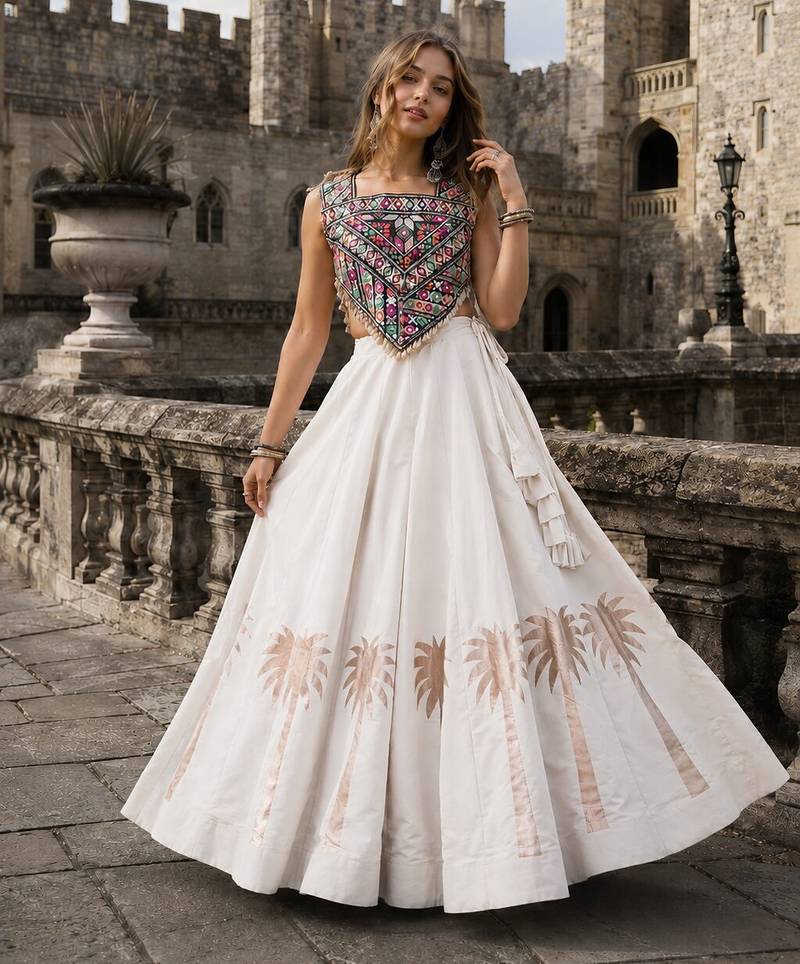 White Silk Blend Readymade Navratri Lehenga Choli with Kutchi Gamthi Work