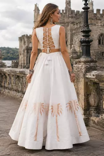 White Silk Blend Readymade Navratri Lehenga Choli with Kutchi Gamthi Work
